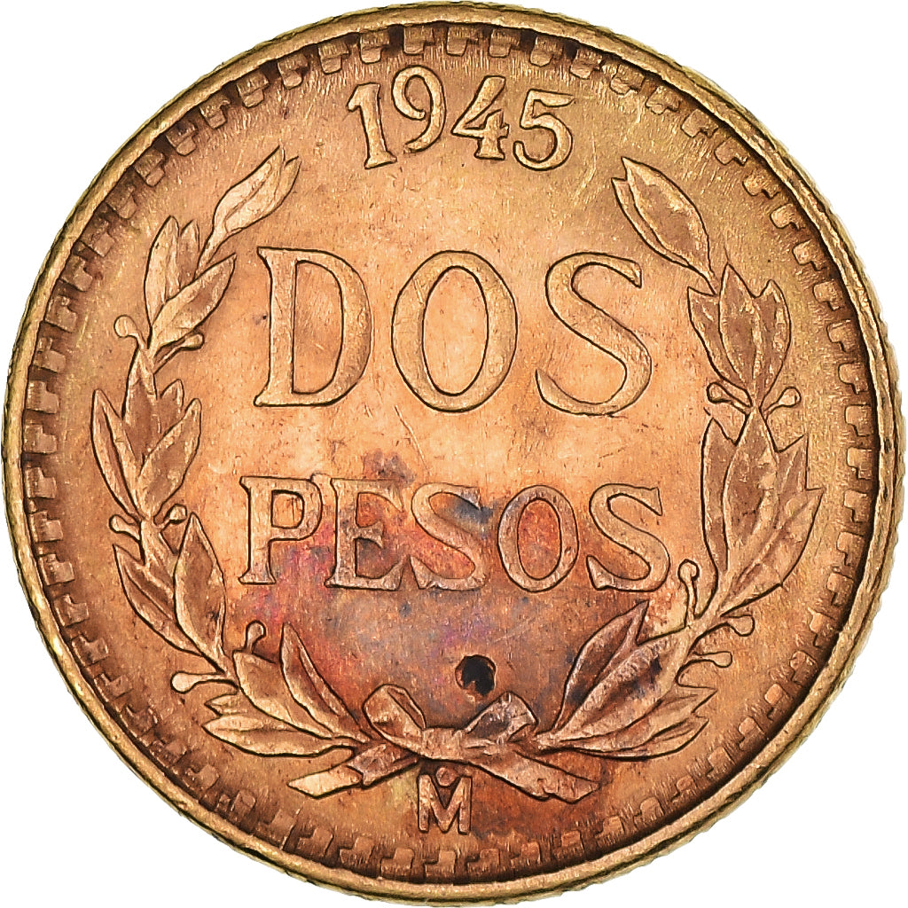 Coin, Mexico, 2 Pesos, 1945, Mexico City, MS(63), Gold, KM:461