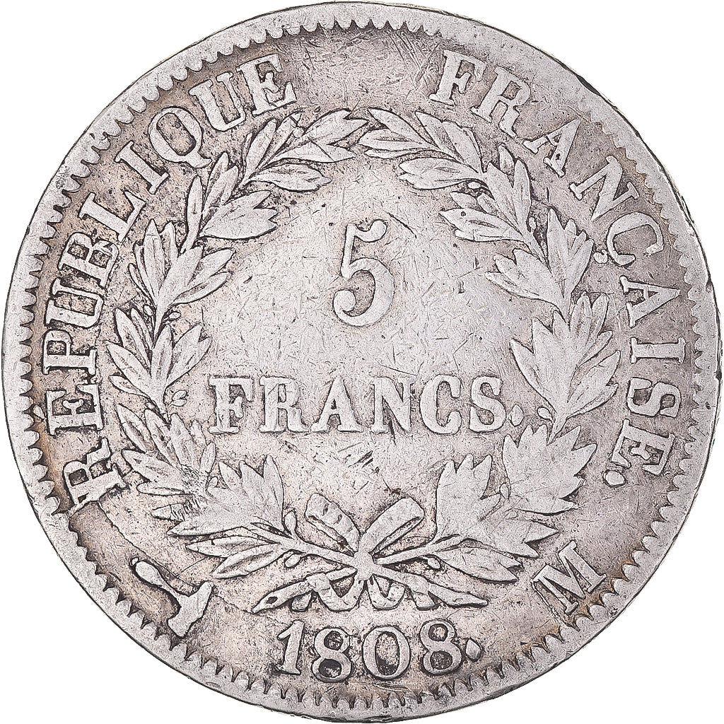 Moeda, França, Napoleon I, 5 Francs, 1808, Toulouse, VF(30-35), Prata