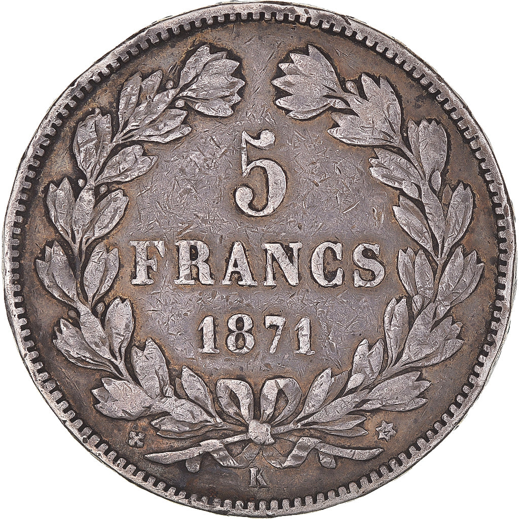 Moneta, Francia, Cérès, 5 Francs, 1871, Bordeaux, MB+, Argento, KM:818.2
