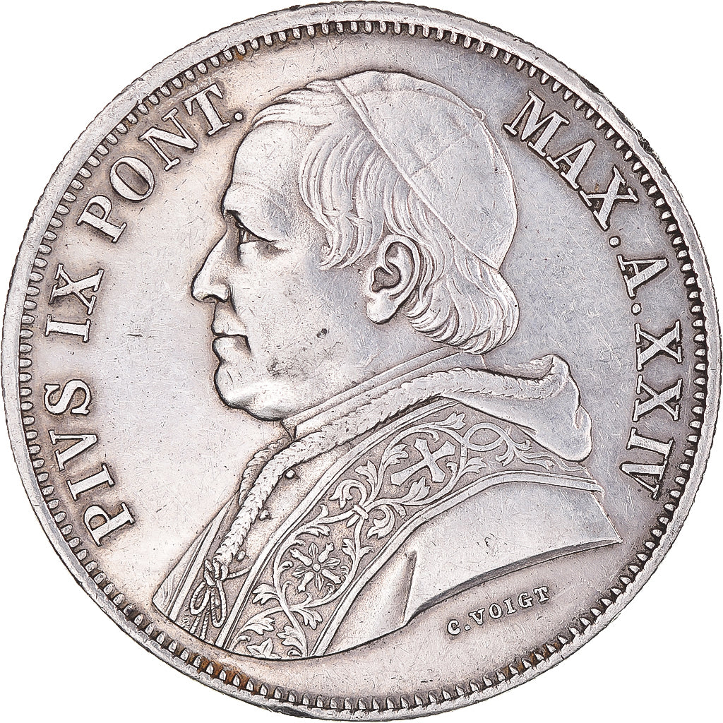Coin, ITALIAN STATES, PAPAL STATES, Pius IX, 5 Lire, 1870, Rome, AU(50-53)