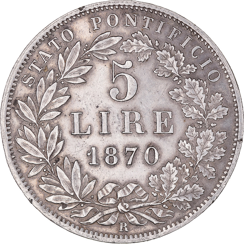 Coin, ITALIAN STATES, PAPAL STATES, Pius IX, 5 Lire, 1870, Rome, AU(50-53)
