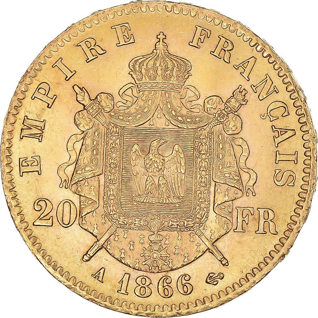 Moeda, França, Napoleon III, 20 Francs, 1866, Paris, AU(55-58), Dourado