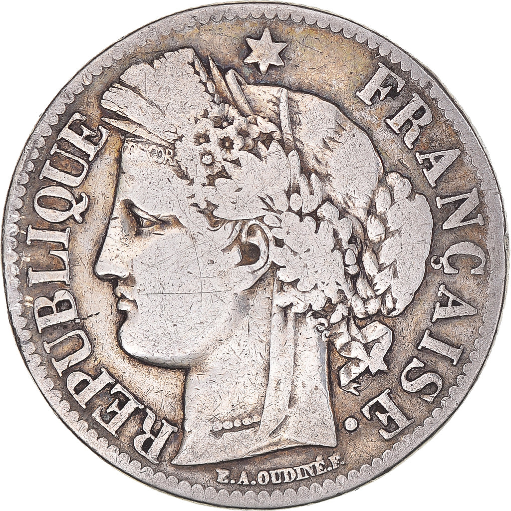 Moneda, Francia, Cérès, 2 Francs, 1871, Bordeaux, BC+, Plata, KM:816.2