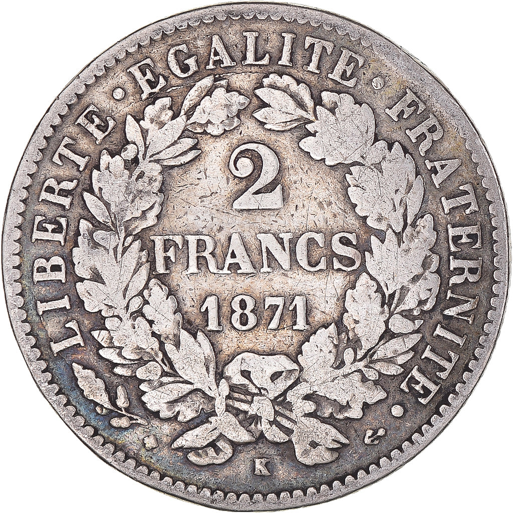 Moneda, Francia, Cérès, 2 Francs, 1871, Bordeaux, BC+, Plata, KM:816.2