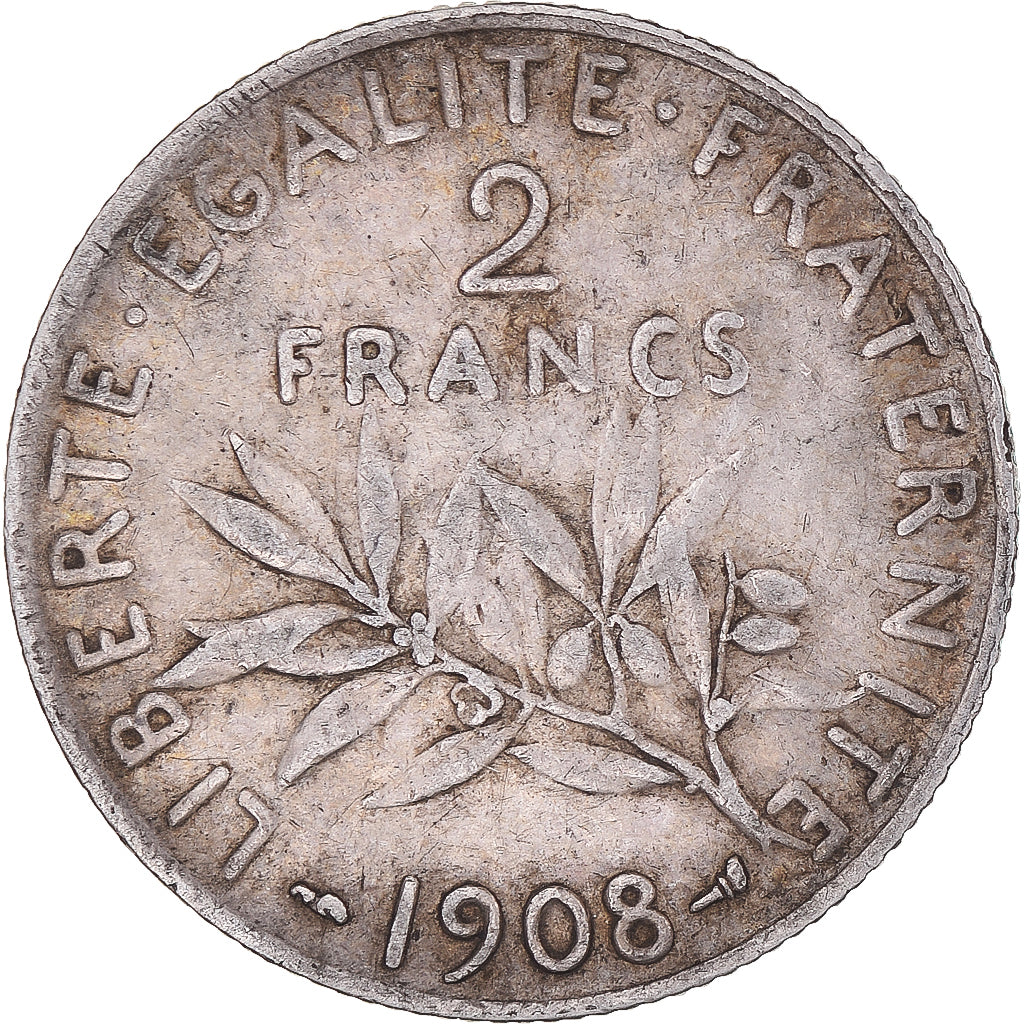 Moneta, Francia, Semeuse, 2 Francs, 1908, Paris, MB+, Argento, KM:845.1