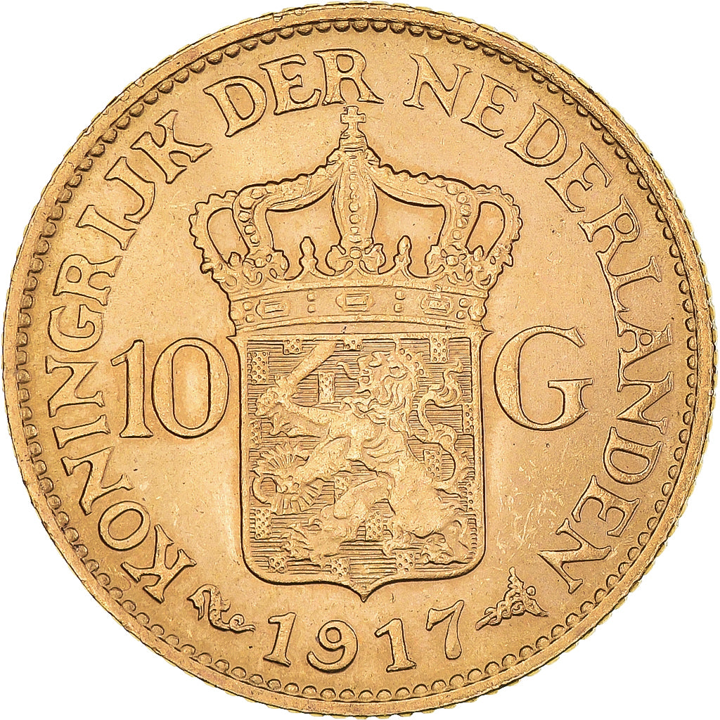 Coin, Netherlands, Wilhelmina I, 10 Gulden, 1917, AU(50-53), Gold, KM:149