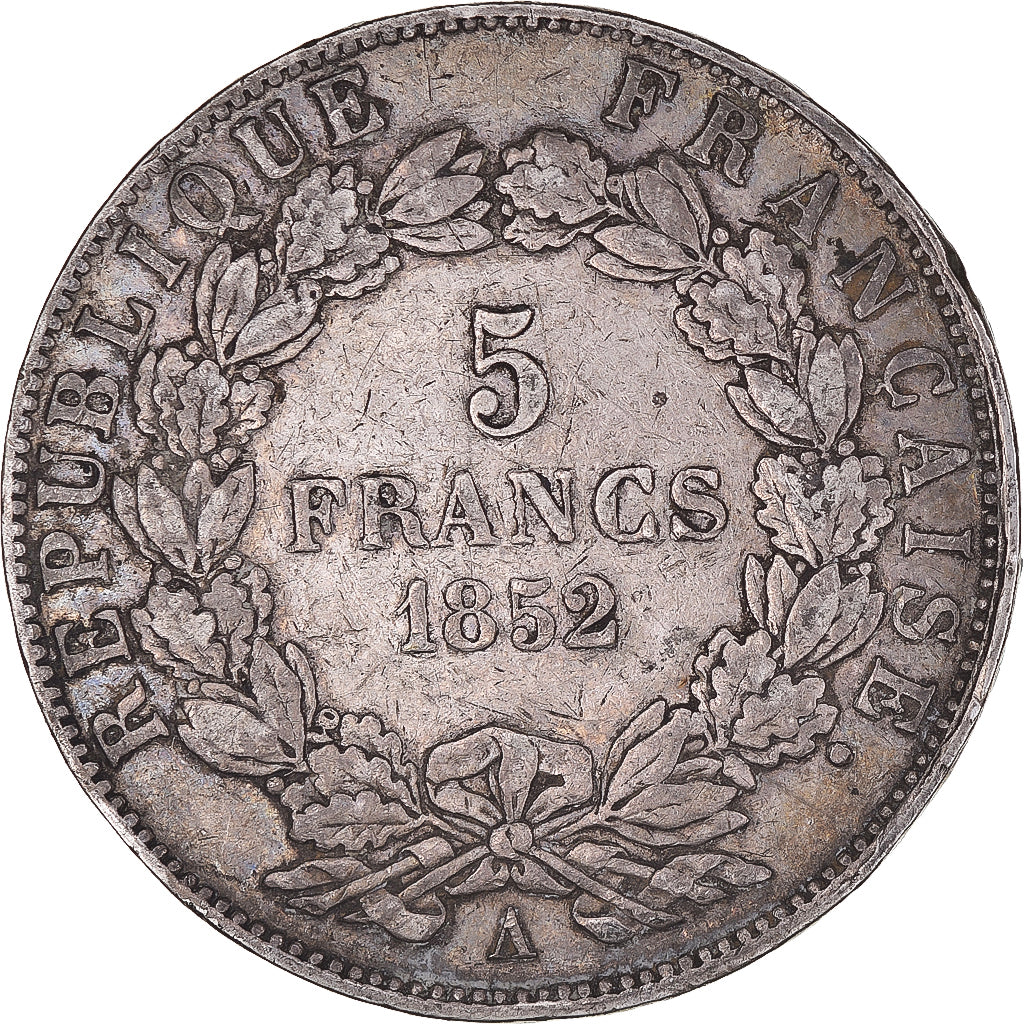 Moneda, Francia, Napoléon III, 5 Francs, 1852, Paris, BC+, Plata, KM:773.1
