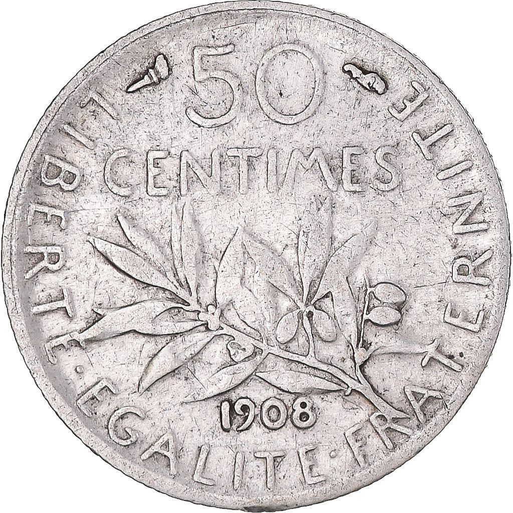 Moneta, Francia, Semeuse, 50 Centimes, 1908, Paris, MB, Argento, KM:854