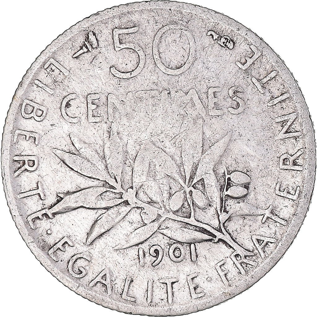 Moeda, França, Semeuse, 50 Centimes, 1901, Paris, VF(20-25), Prata, KM:854