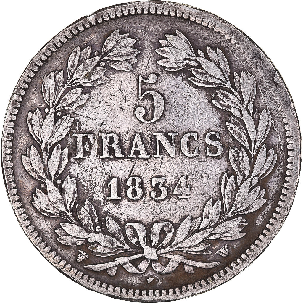 Moneta, Francia, Louis-Philippe, 5 Francs, 1834, Lille, MB+, Argento, KM:749.13