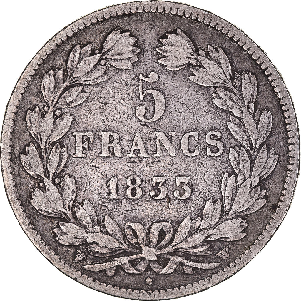 Moeda, França, Louis-Philippe, 5 Francs, 1833, Lille, VF(30-35), Prata