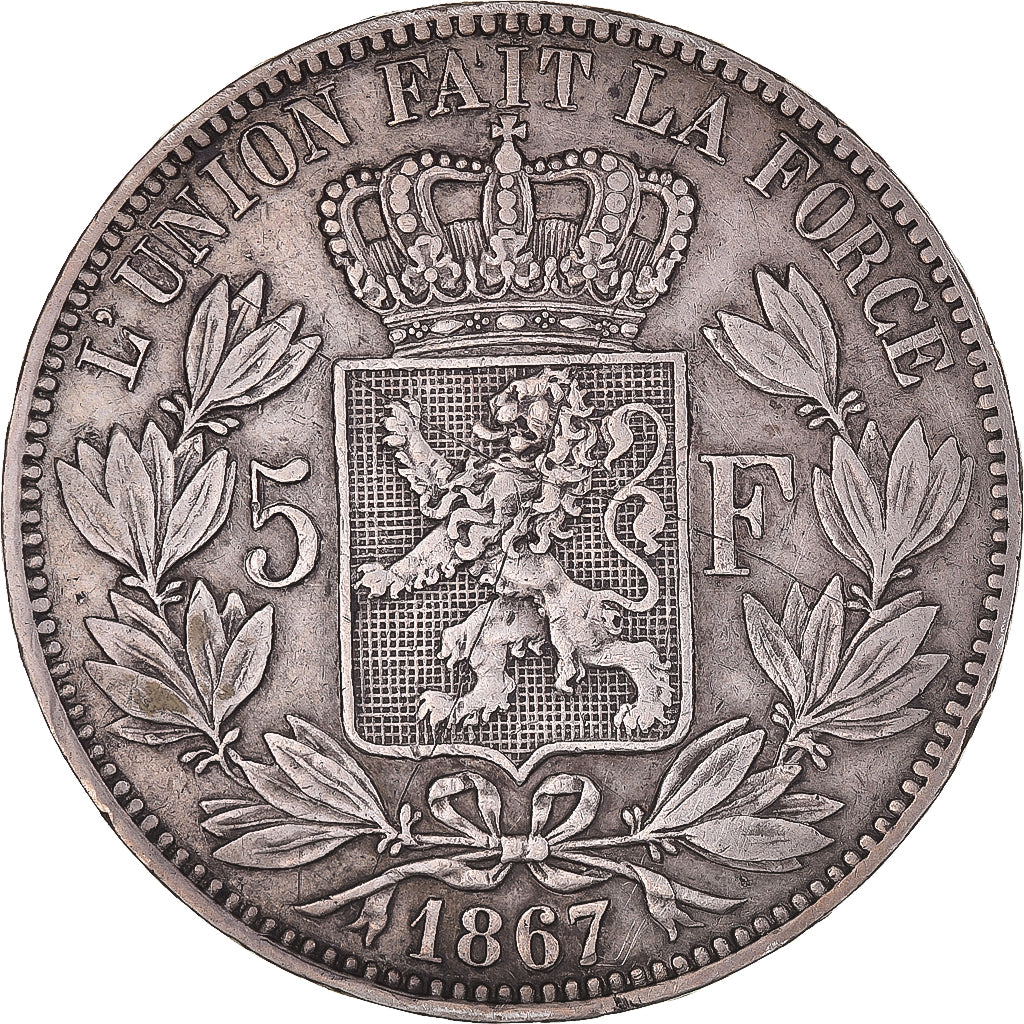 Moneta, Belgia, Leopold II, 5 Francs, 5 Frank, 1867, VF(30-35), Srebro, KM:24