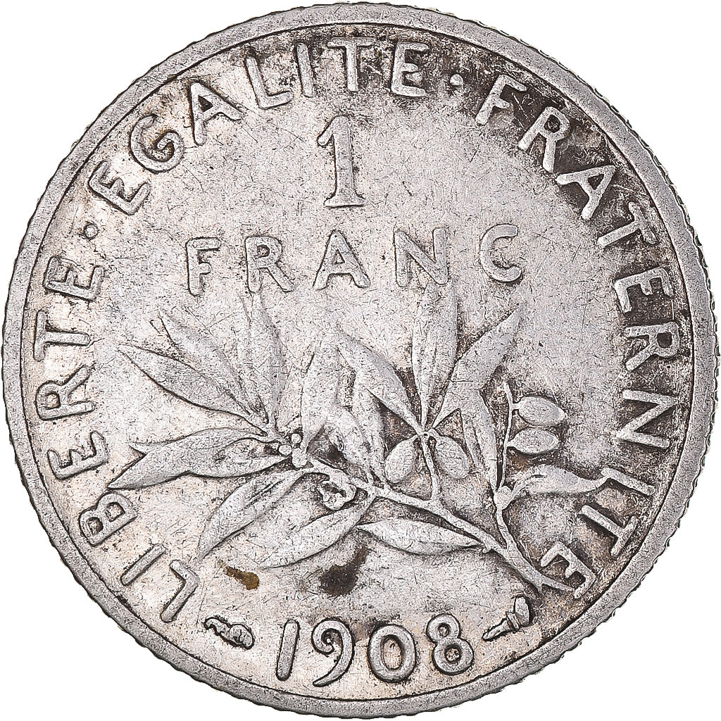 FRANCE, Semeuse, Franc, 1908, Paris, KM #844.1, EF(40-45), Silver, 23, Gadoury..