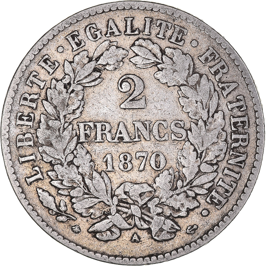 Moneta, Francia, Cérès, 2 Francs, 1870, Paris, MB+, Argento, KM:817.1