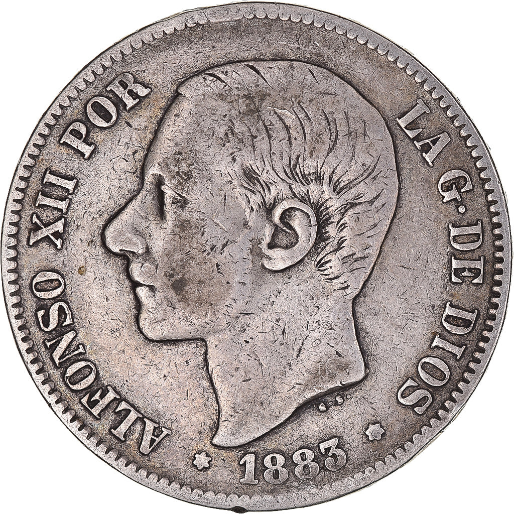 Moneda, España, Alfonso XII, 5 Pesetas, 1883, Madrid, BC+, Plata, KM:688