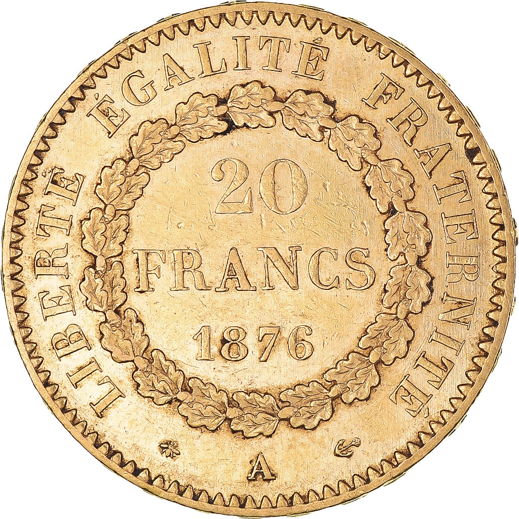 Moeda, França, Génie, 20 Francs, 1876, Paris, AU(50-53), Dourado, KM:825