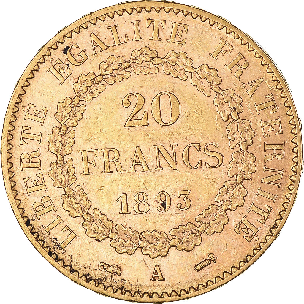Moneda, Francia, Génie, 20 Francs, 1893, Paris, MBC+, Oro, KM:825, Gadoury:1063
