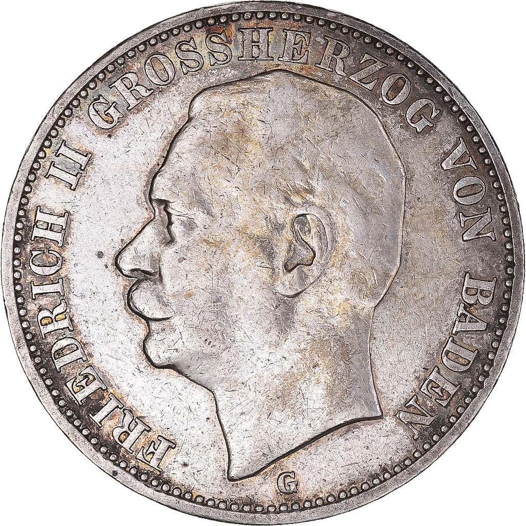Coin, German States, BADEN, Friedrich II, 3 Mark, 1909, Stuttgart, AU(50-53)