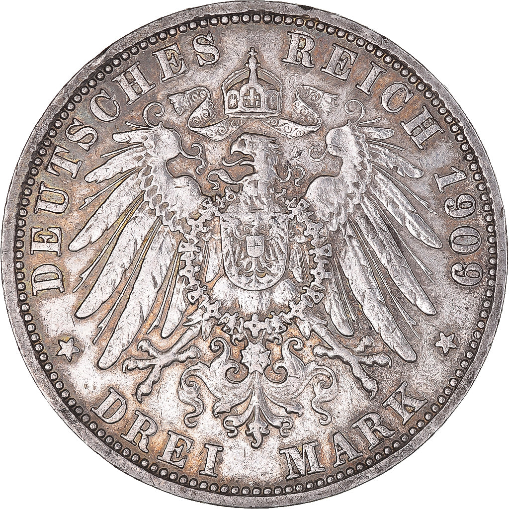 Coin, German States, BADEN, Friedrich II, 3 Mark, 1909, Stuttgart, AU(50-53)