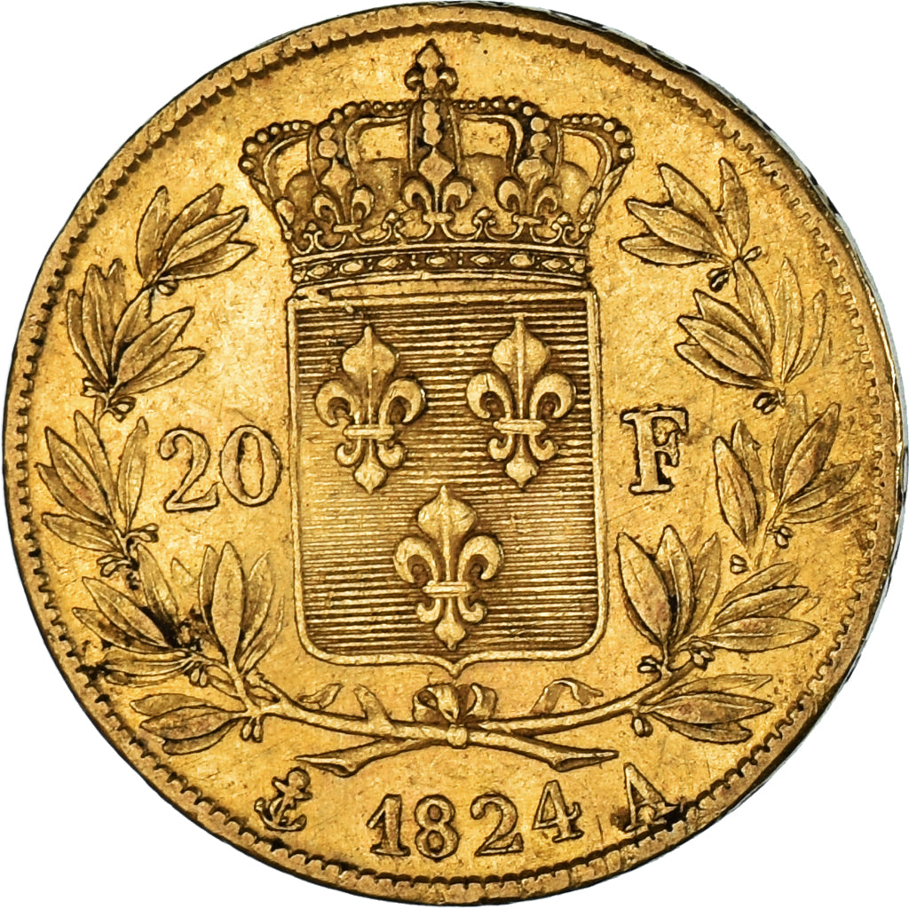 Munten, Frankrijk, Louis XVIII, 20 Francs, 1824, Paris, ZF, Goud, KM:712.1