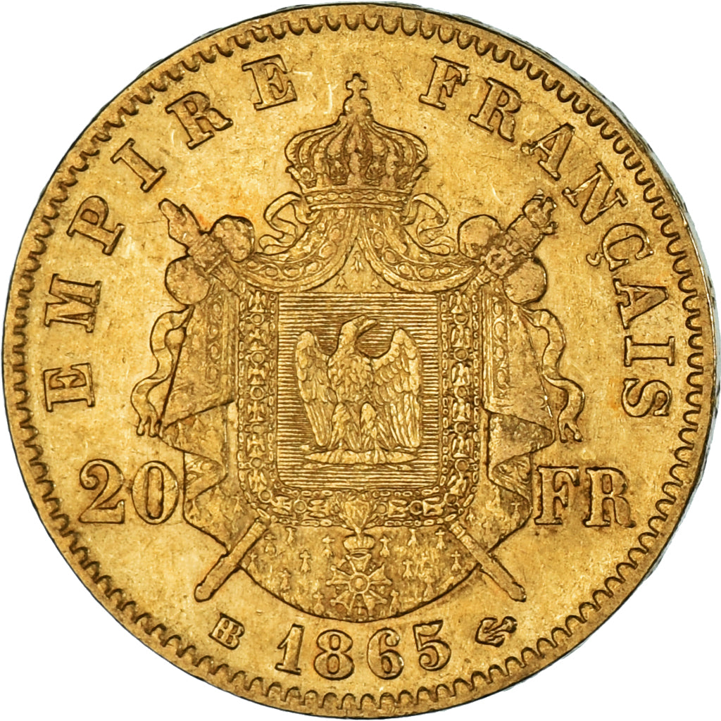 Moneta, Francja, Napoleon III, 20 Francs, 1865, Strasbourg, AU(50-53), Złoto