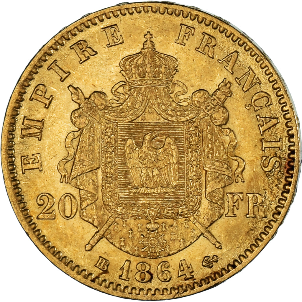 Second Empire, 20 Francs or Napoléon III tête laurée, 1864 BB, Strasbourg, Gadou