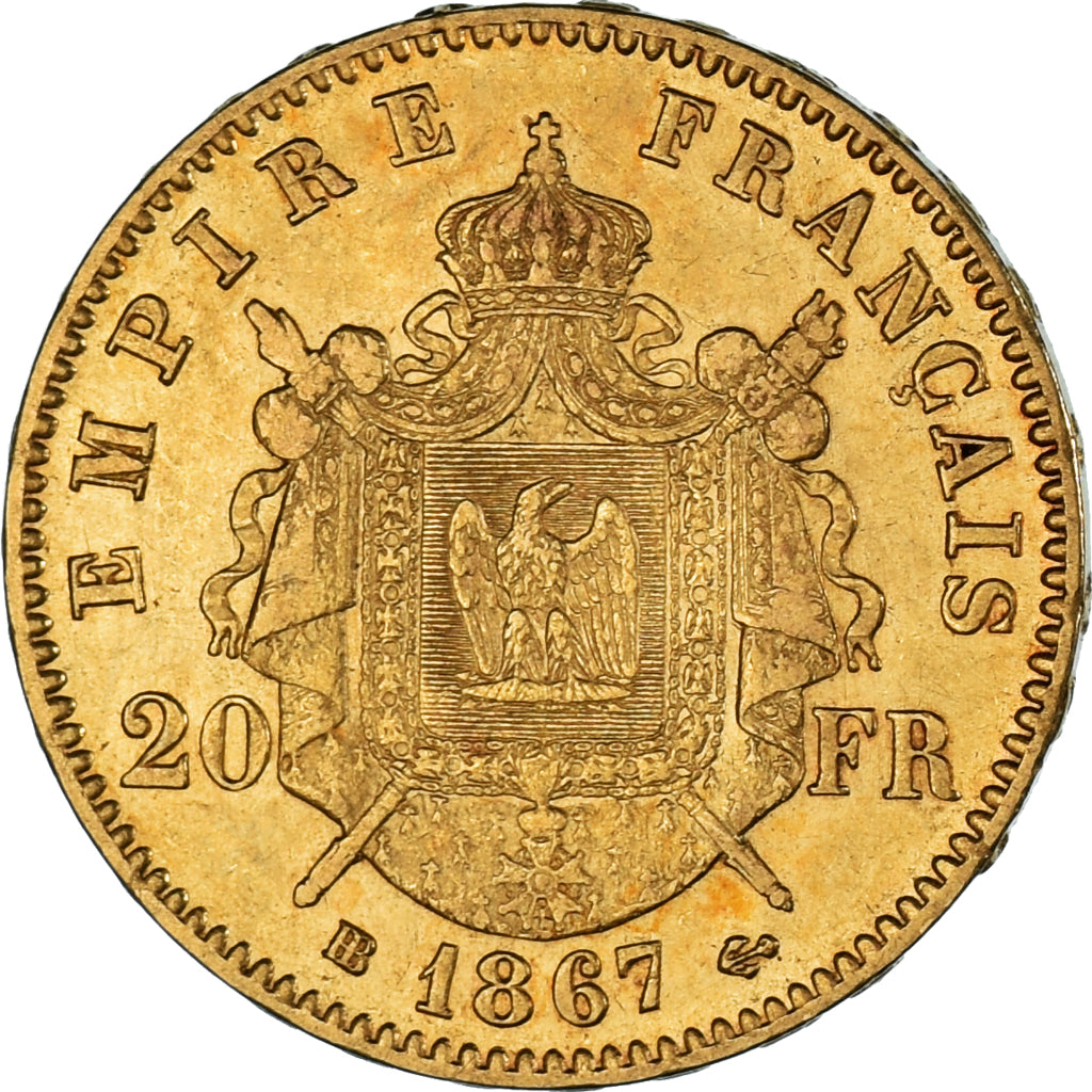 Moneta, Francia, Napoleon III, Napoléon III, 20 Francs, 1867, Strasbourg, SPL-