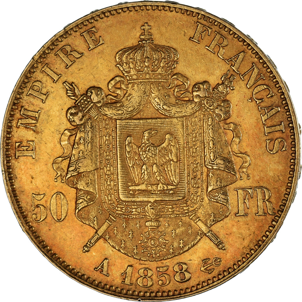 Munten, Frankrijk, Napoleon III, 50 Francs, 1858, Paris, ZF, Goud, KM:785.1