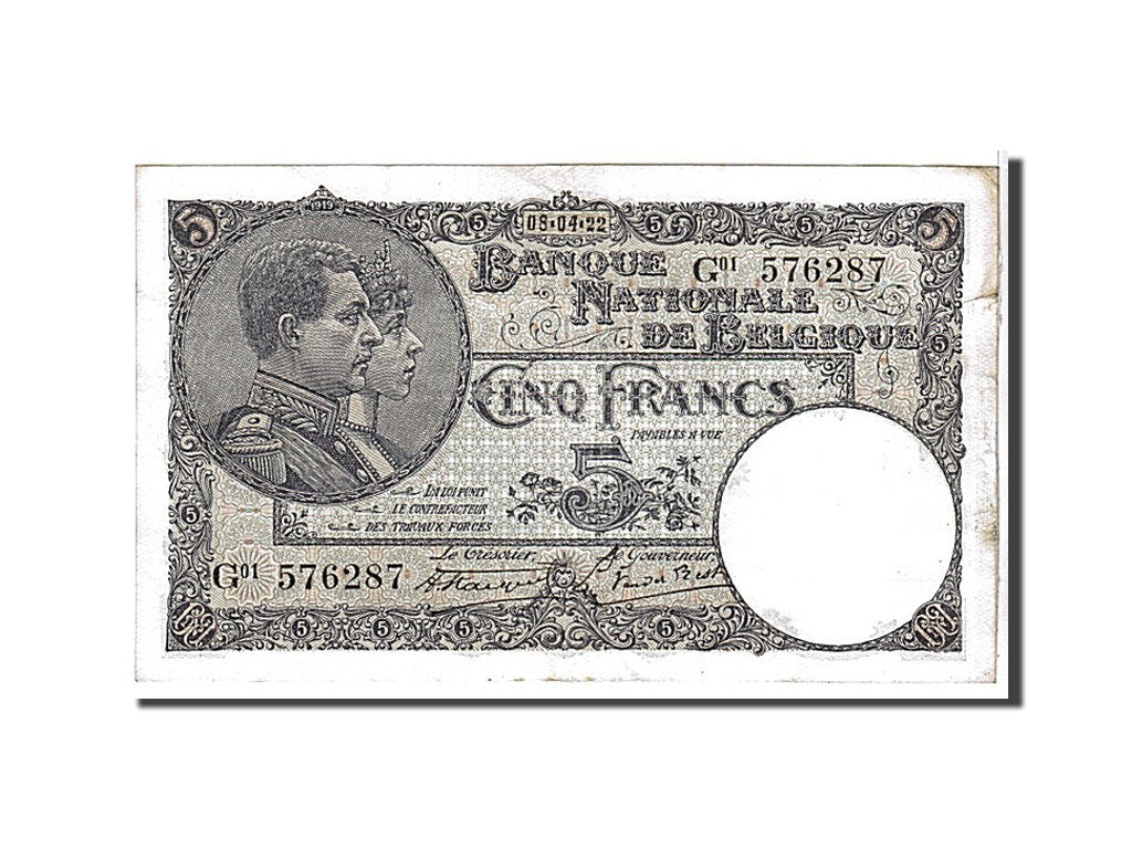 Belgium, 5 Francs, 1922, KM #93, EF(40-45), G01576287