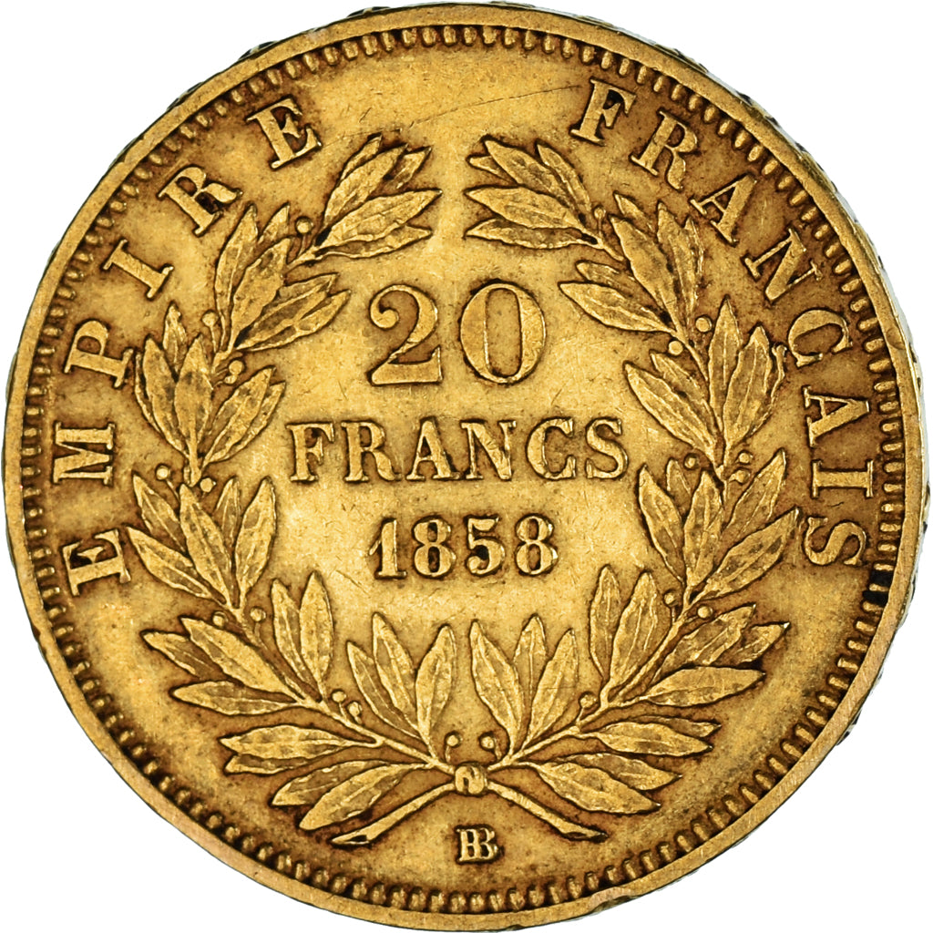 Francia, Napoleon III, 20 Francs, 1858, Strasbourg, BB, Oro, KM:781.2