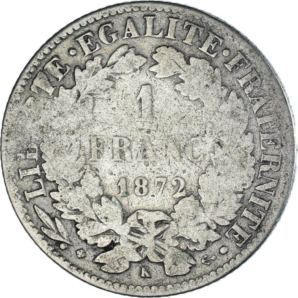 Moeda, França, Cérès, Franc, 1872, Bordeaux, F(12-15), Prata, KM:822.2