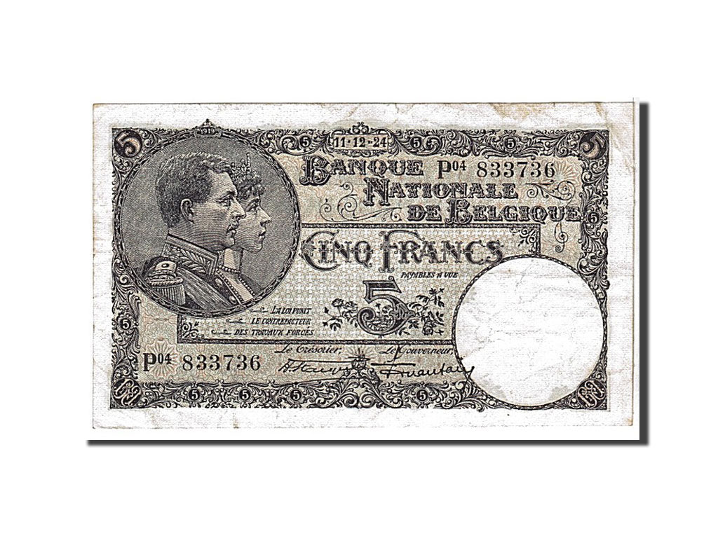 Banknote, Belgium, 5 Francs, 1924, KM:93, VF(20-25)