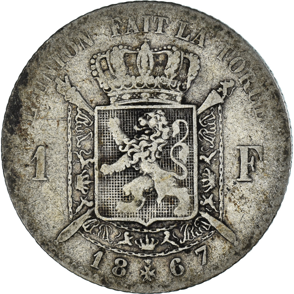 Moeda, Bélgica, Leopold II, Franc, 1867, Brussels, F(12-15), Prata, KM:28.1