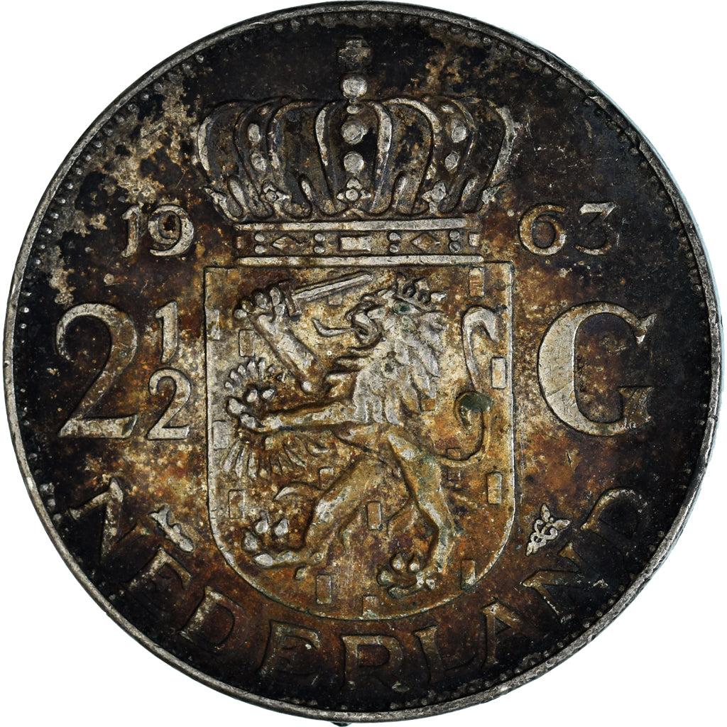 Netherlands, Juliana, 2-1/2 Gulden, 1963, AU(55-58), Silver, KM:185