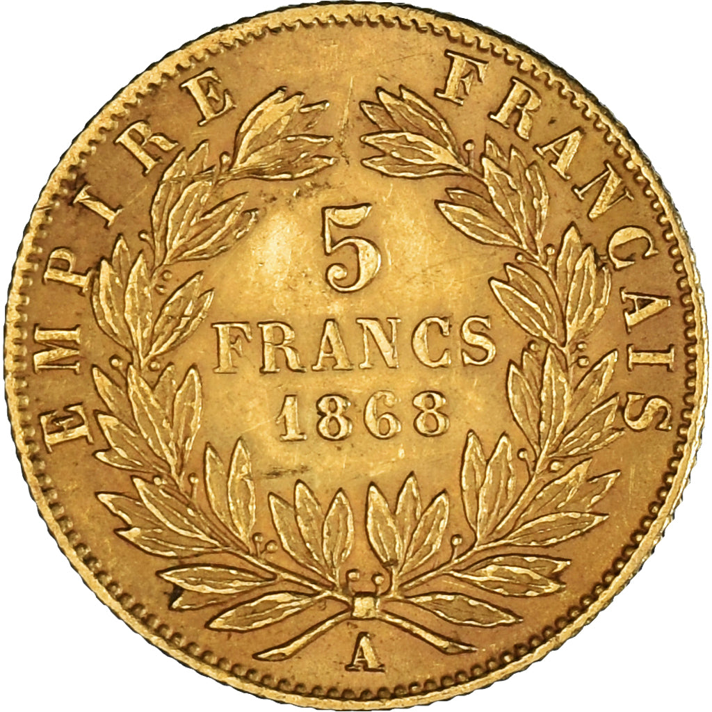 Francia, Napoleon III, 5 Francs, 1868, Paris, BB, Oro, KM:803.1