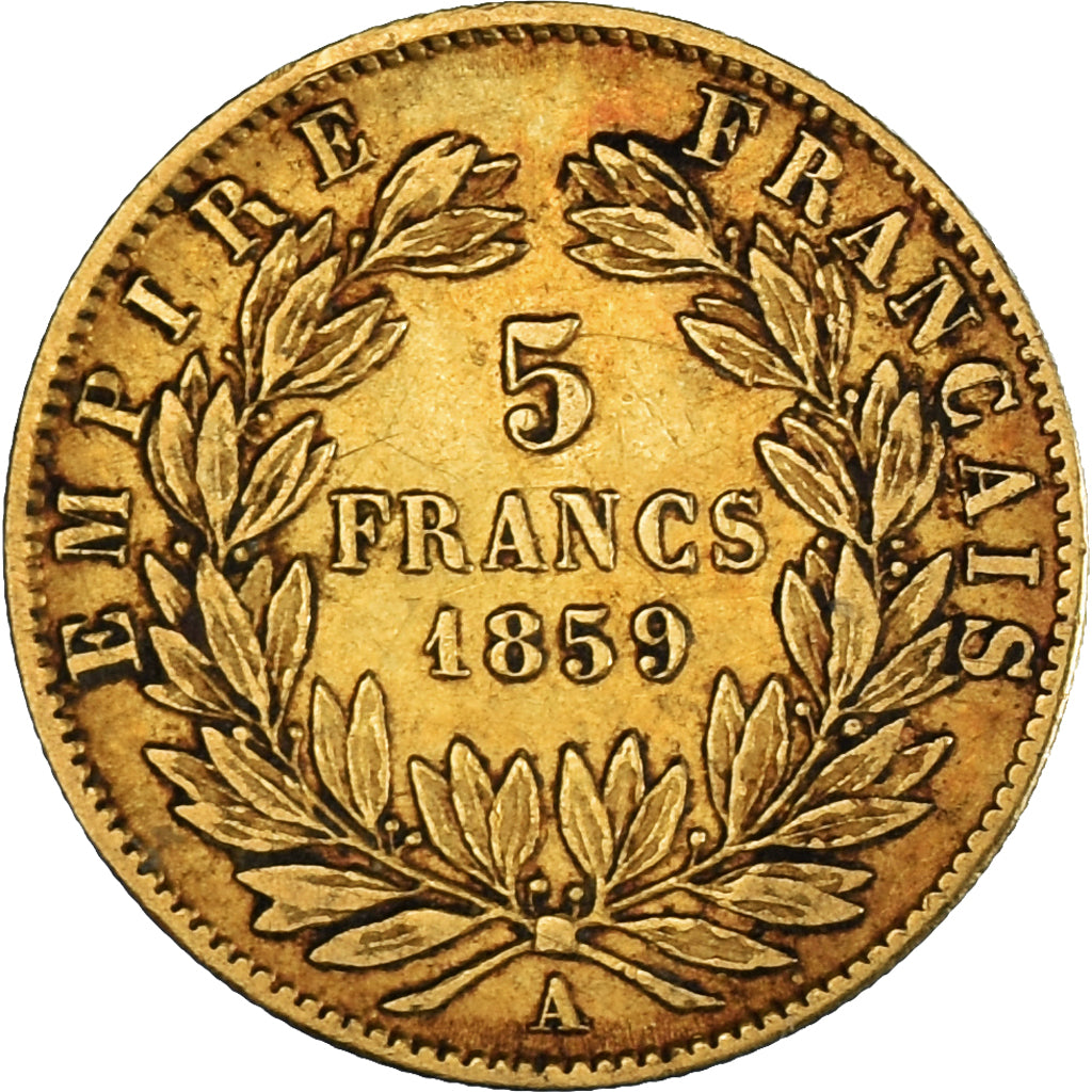 Moneda, Francia, Napoleon III, 5 Francs, 1859, Paris, BC+, Oro, KM:787.1