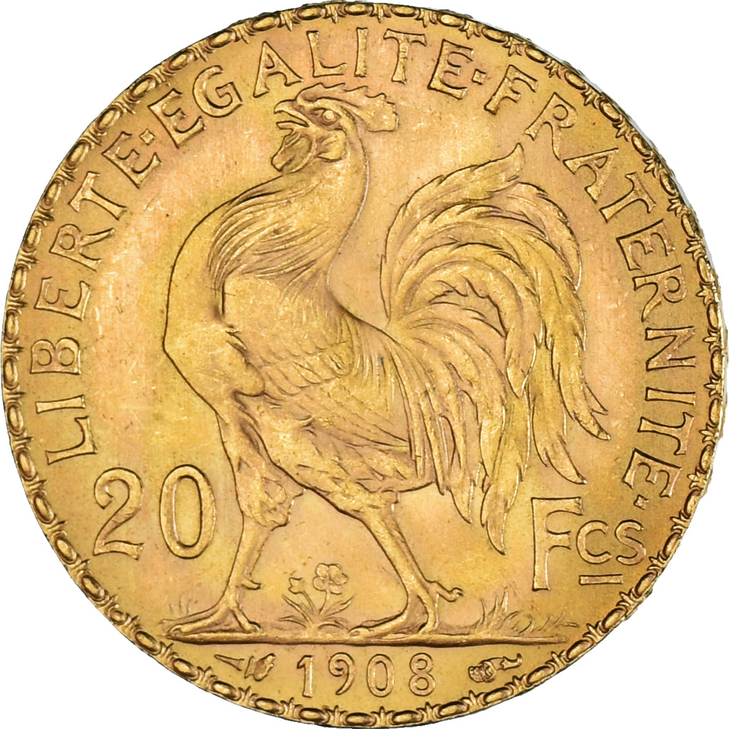 Moneta, Francja, Marianne, 20 Francs, 1908, Paris, AU(55-58), Złoto, KM:857