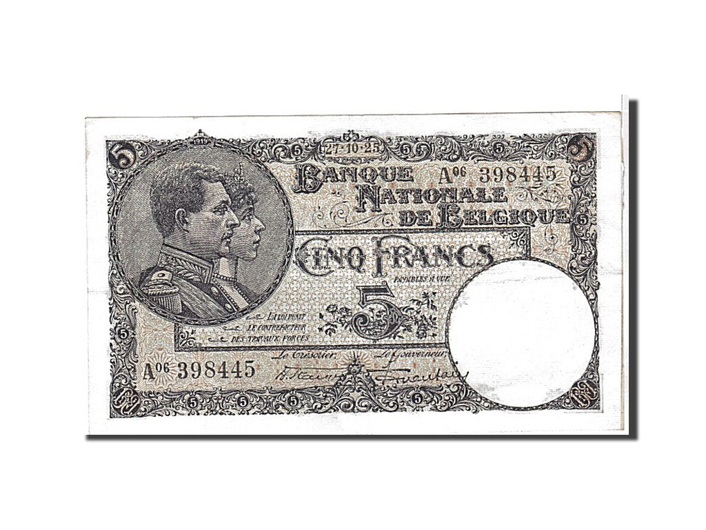 Banknote, Belgium, 5 Francs, 1925, KM:93, AU(50-53)