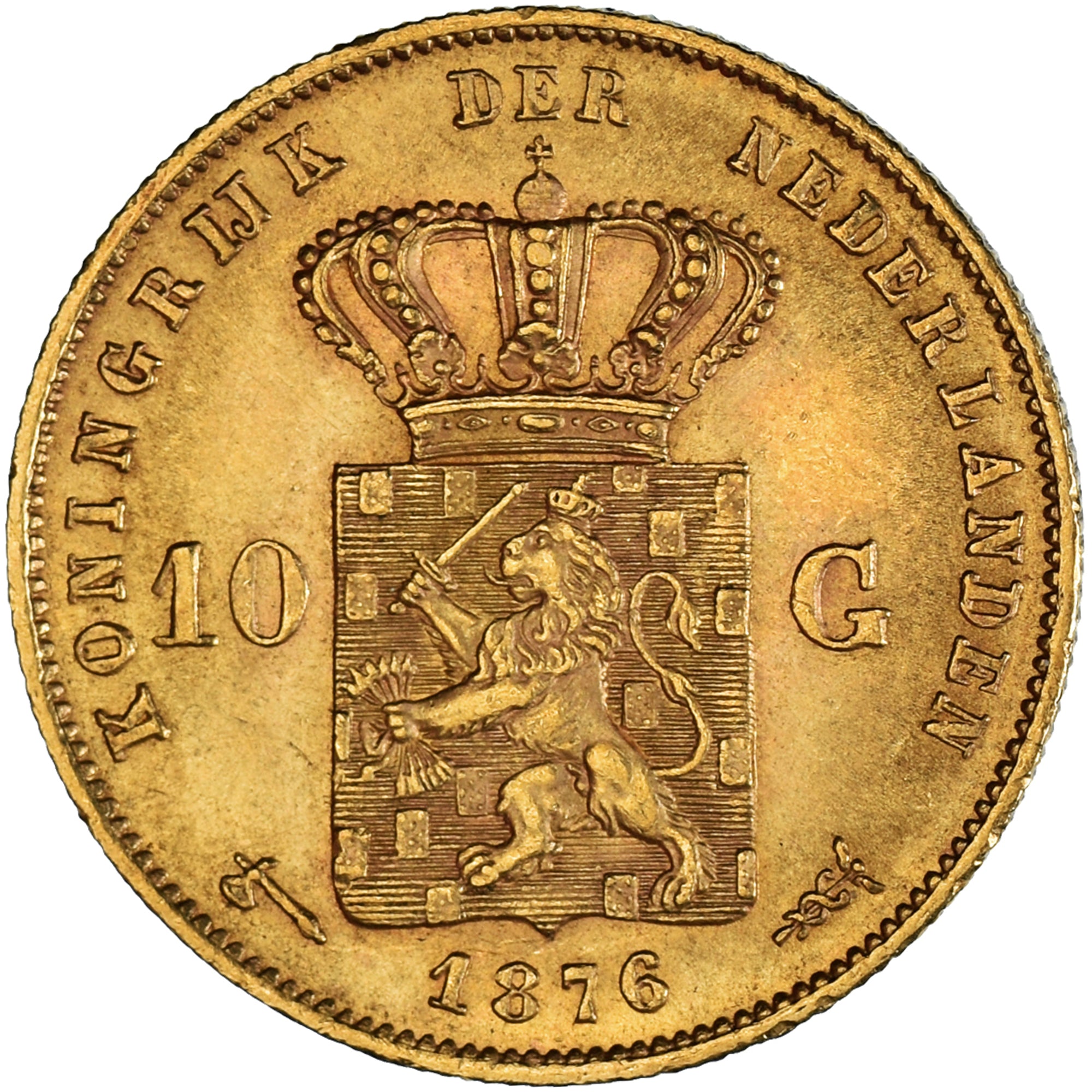 Moeda, Países Baixos, William III, 10 Gulden, 1876, AU(50-53), Dourado, KM:106