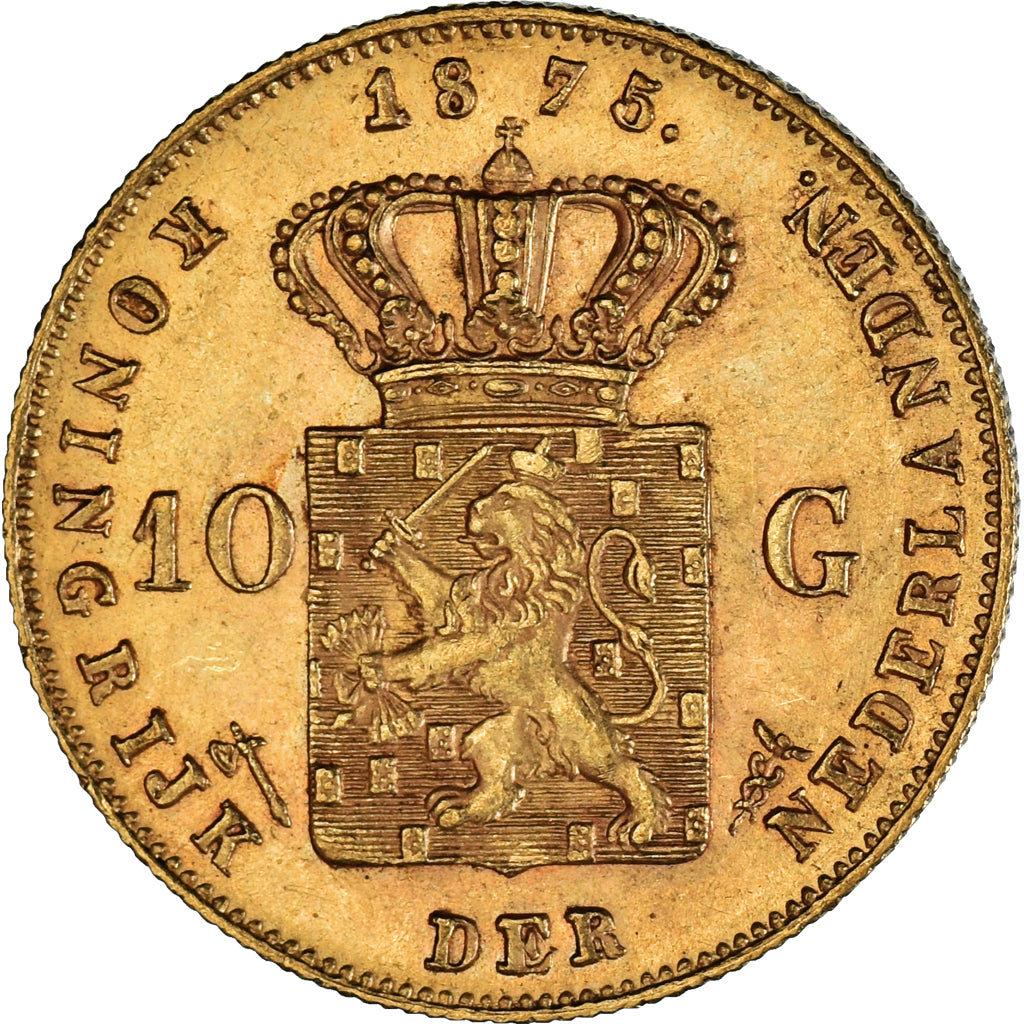 Coin, Netherlands, William III, 10 Gulden, 1875, Utrecht, AU(55-58), Gold