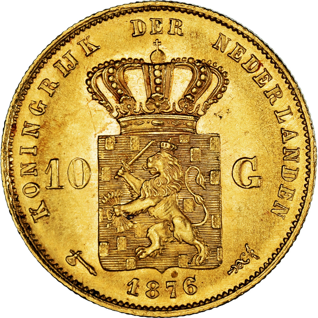 Coin, Netherlands, William III, 10 Gulden, 1876, AU(55-58), Gold, KM:106