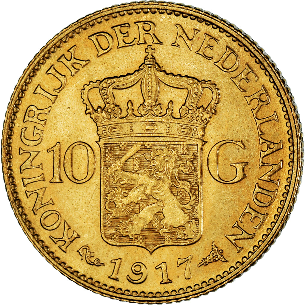 Coin, Netherlands, Wilhelmina I, 10 Gulden, 1917, AU(50-53), Gold, KM:149