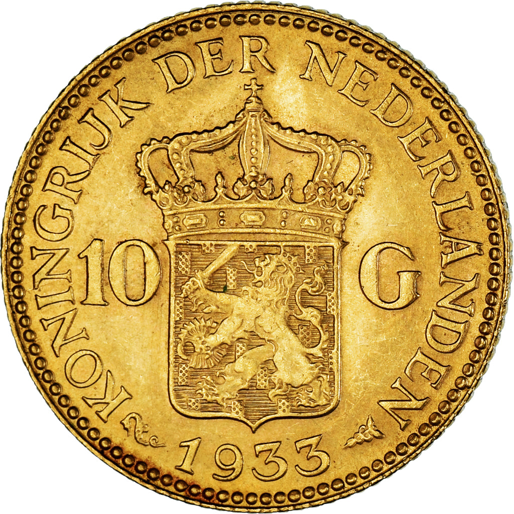 Coin, Netherlands, Wilhelmina I, 10 Gulden, 1933, AU(55-58), Gold, KM:162