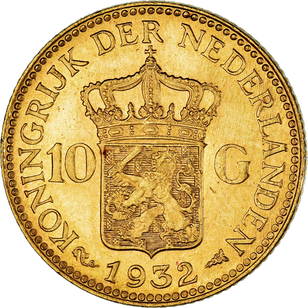 Coin, Netherlands, Wilhelmina I, 10 Gulden, 1932, Utrecht, MS(64), Gold, KM:162