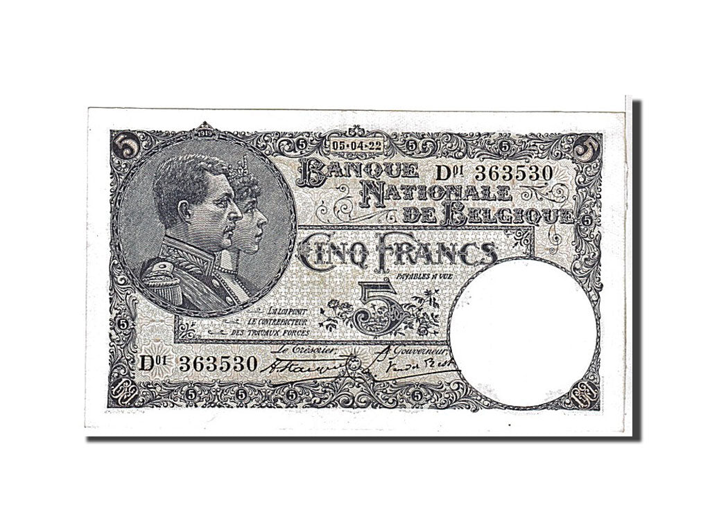 Banknote, Belgium, 5 Francs, 1922, AU(50-53)