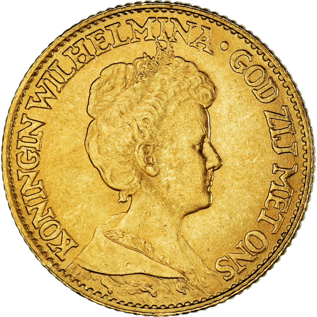 Coin, Netherlands, Wilhelmina I, 10 Gulden, 1917, AU(50-53), Gold, KM:149