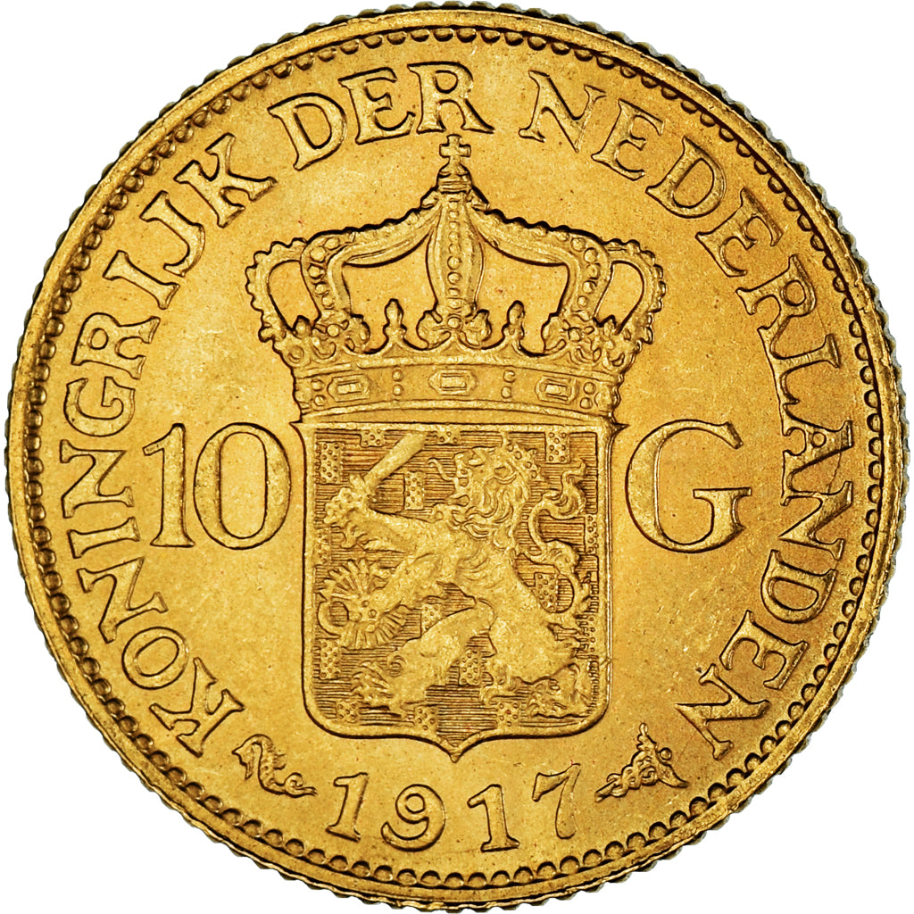 Coin, Netherlands, Wilhelmina I, 10 Gulden, 1917, AU(50-53), Gold, KM:149