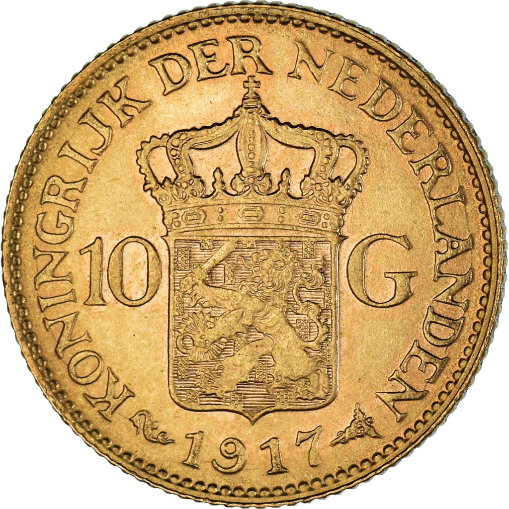 Moneta, Holandia, Wilhelmina I, 10 Gulden, 1917, EF(40-45), Złoto, KM:149