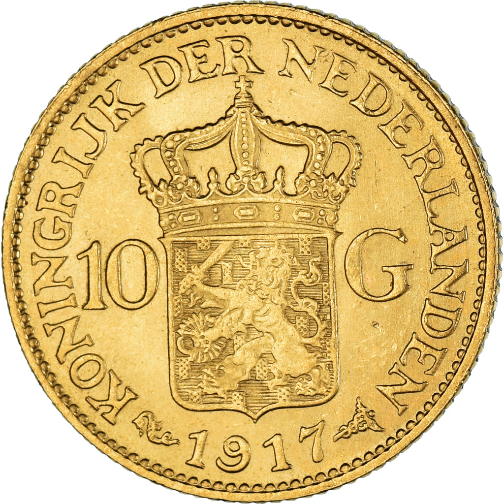 Coin, Netherlands, Wilhelmina I, 10 Gulden, 1917, AU(50-53), Gold, KM:149