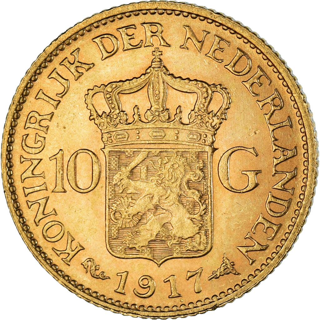 Coin, Netherlands, Wilhelmina I, 10 Gulden, 1917, EF(40-45), Gold, KM:149